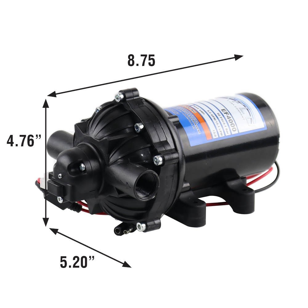 Everflo EF4000 12V Diaphragm Sprayer Pump – 4.0GPM, 60 PSI Max, 1/2″ FNPT Ports