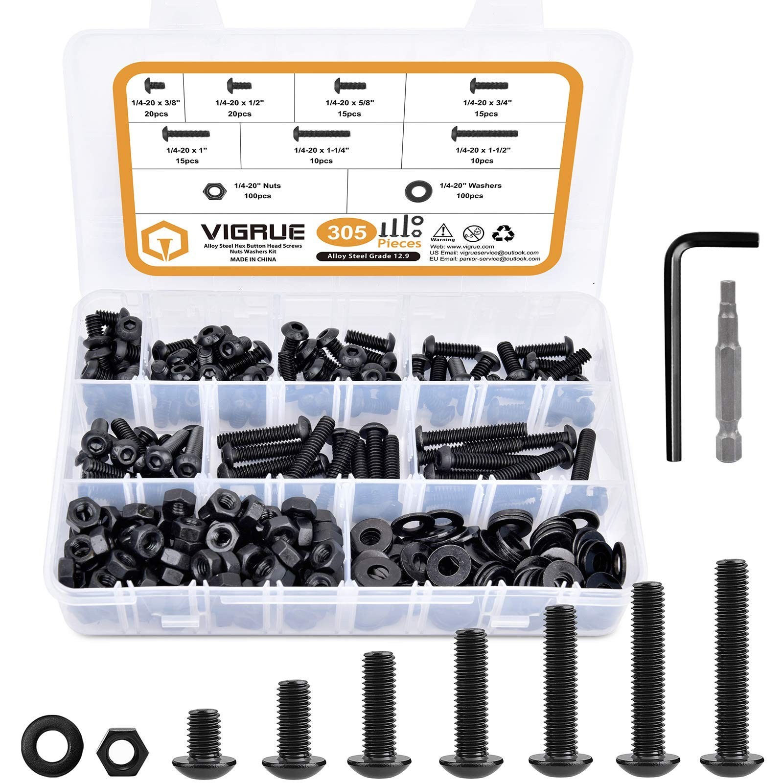 305Pcs 1/4-20 Bolt Nut Assortment Kit, Black Socket Cap Screws, Washers, Class 1