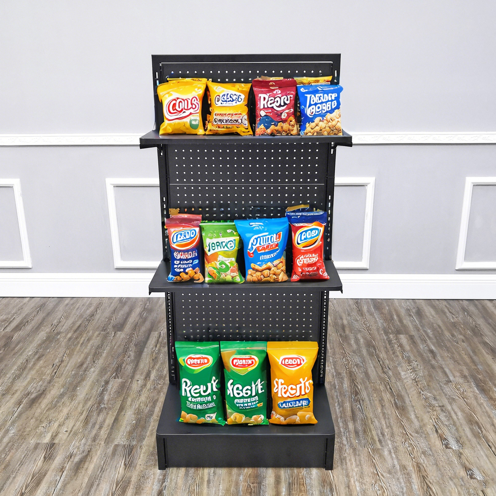 24.0″ Wide Gondola Rack Stand with Two Shelves Black Pegboard Display