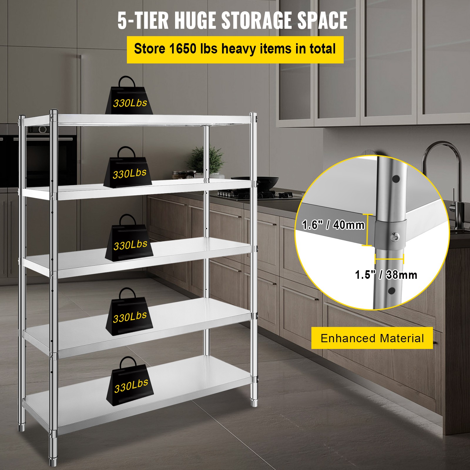 5-Tier Kitchen Shelves Shelf Rack Stainless Steel Shelving Organizer 47.5×18 in