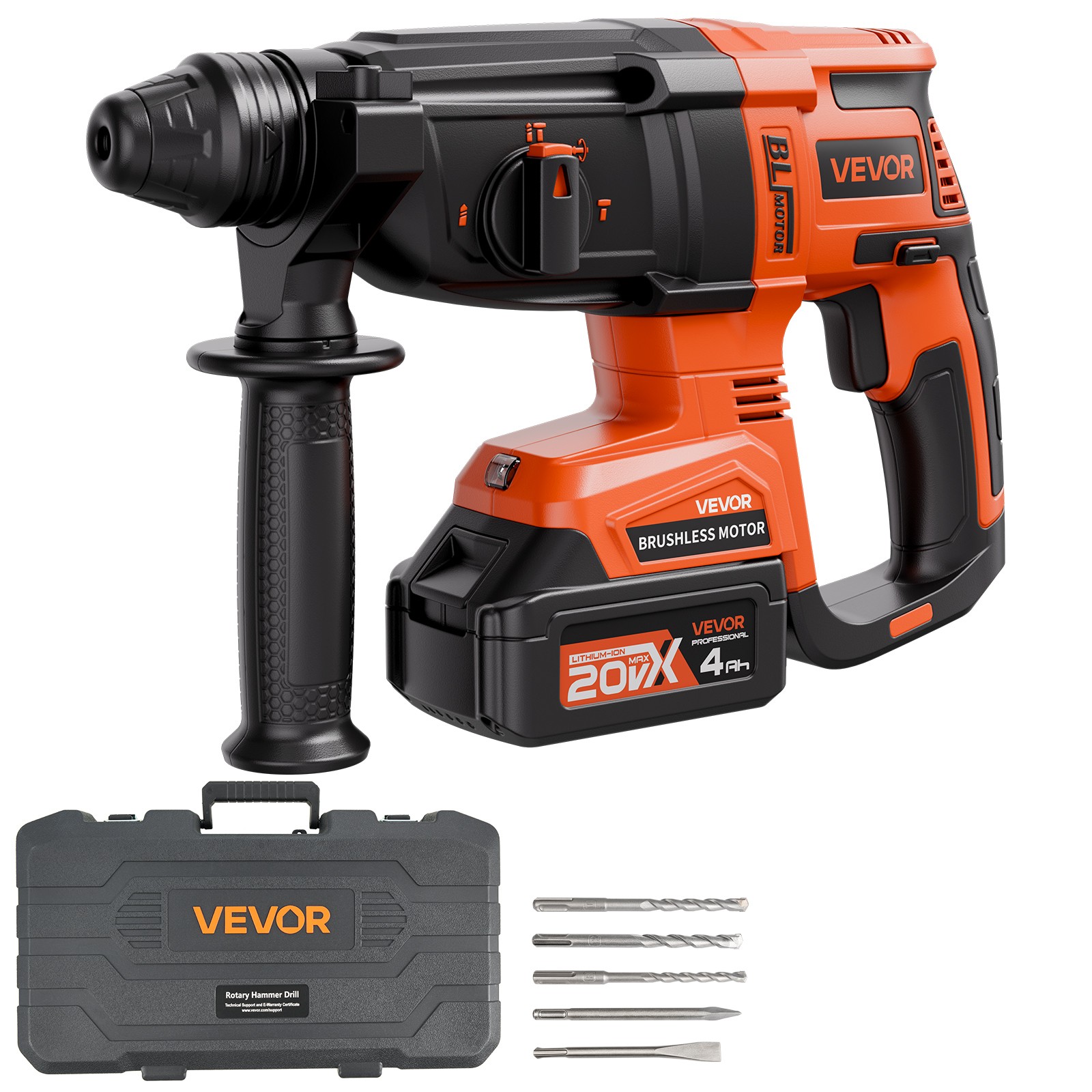 VEVOR 20V SDS-Plus Brushless Cordless Rotary Hammer Drill Kit 1.1 In 1200RPM