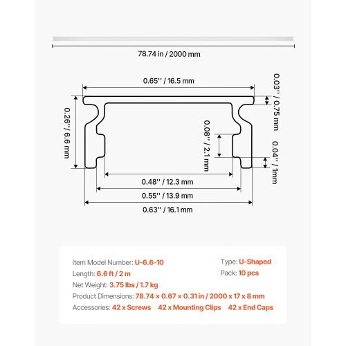 10-Pack 6.6 ft/2M U Shape LED Aluminum Channel, with Milky Cover, End Caps and