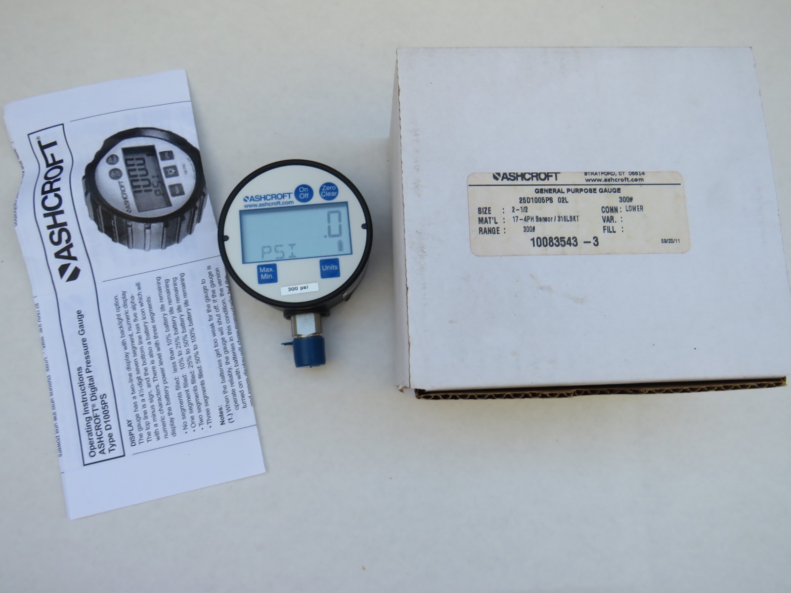 Ashcroft Digital Pressure Gauge 300 PSI 25D1005PS02L 300# 0.5% FS 1/4 NPT 2.5 IN