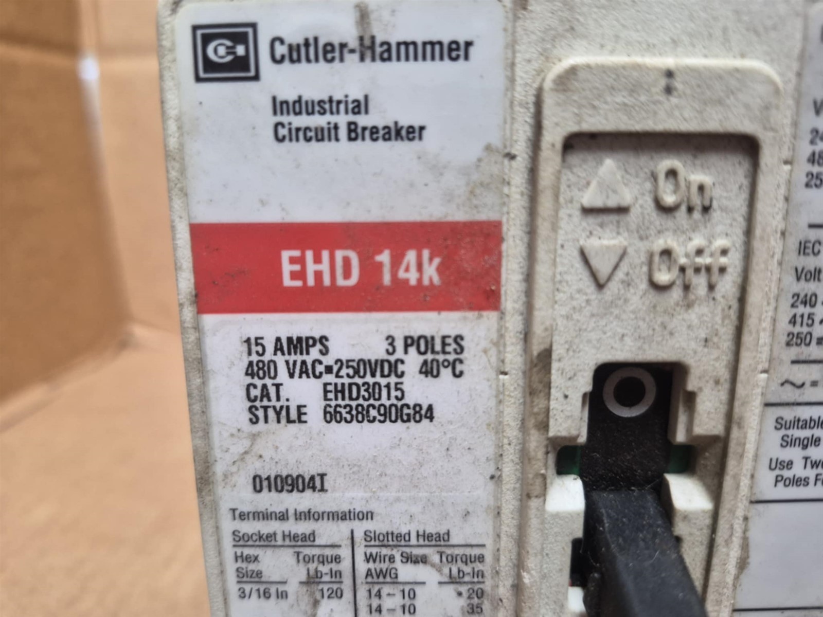 Cutler-Hammer 3 Pole 15 Amp Circuit Breaker Part No. EHD3015