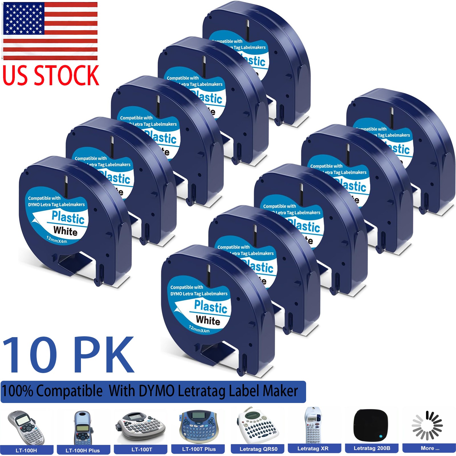 10PK Dymo Label Maker Refills 91331 White Plastic Label Tape 12mm LT100H LT100T