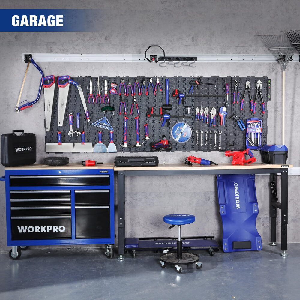 60″Adjustable Garage Workbench Rubber Wood Top 2PC 16×32 Metal Pegboard