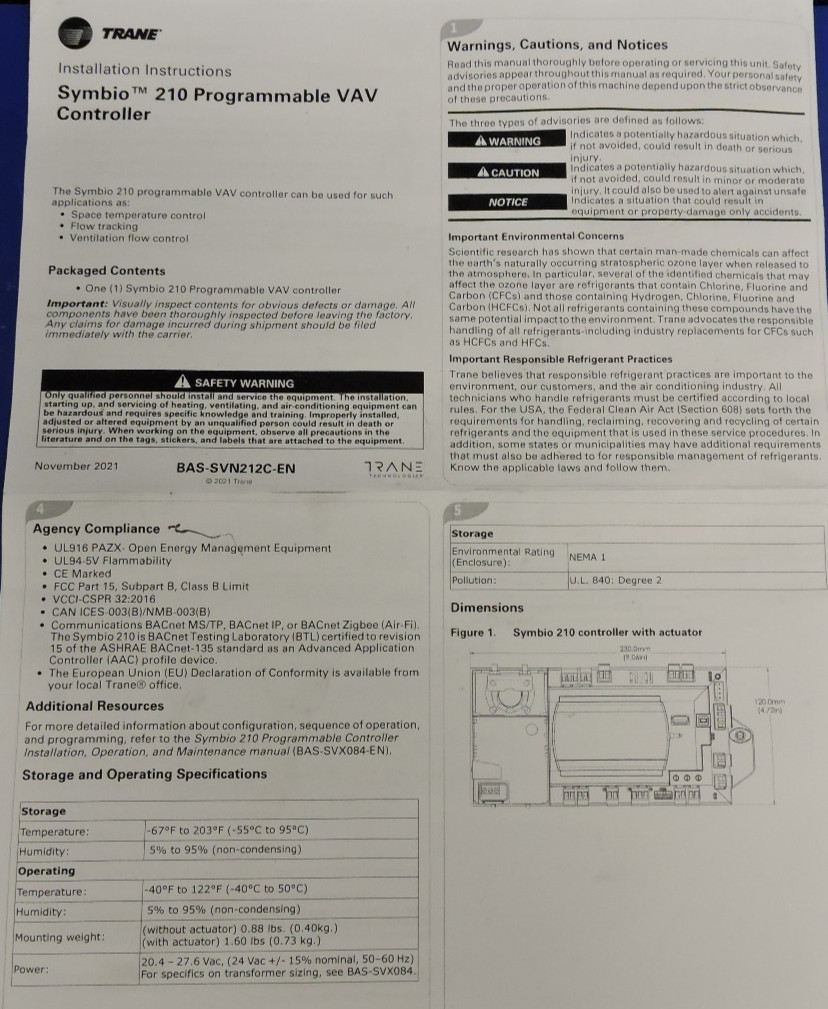 NEW Trane Symbio 210 Programmable VAV Controller DDC /Actuator BMSY210AAA0B00011