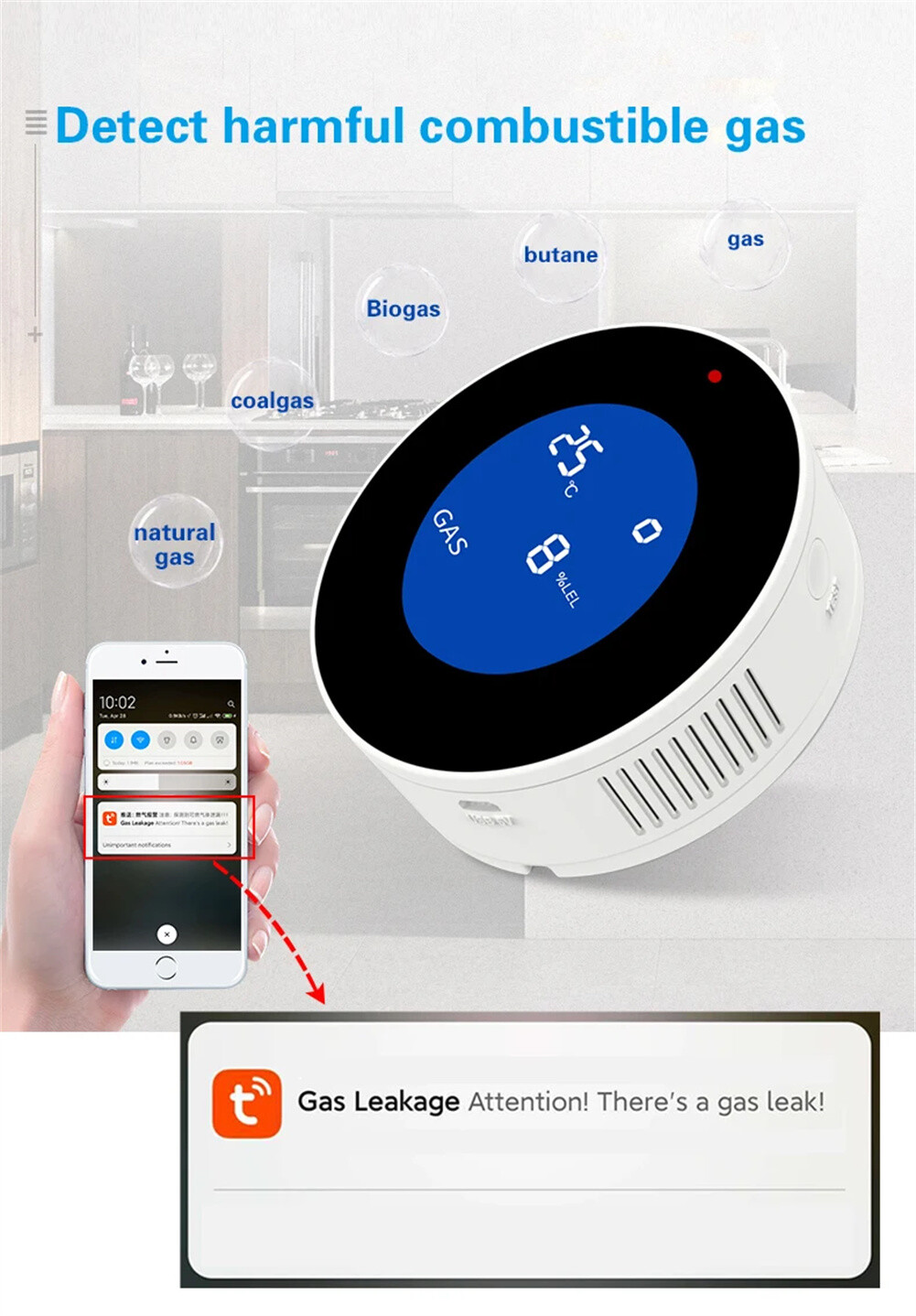 WiFi Smart Natural Gas Leakage Detector Alarm Monitor Digital LCD Gas Sensor