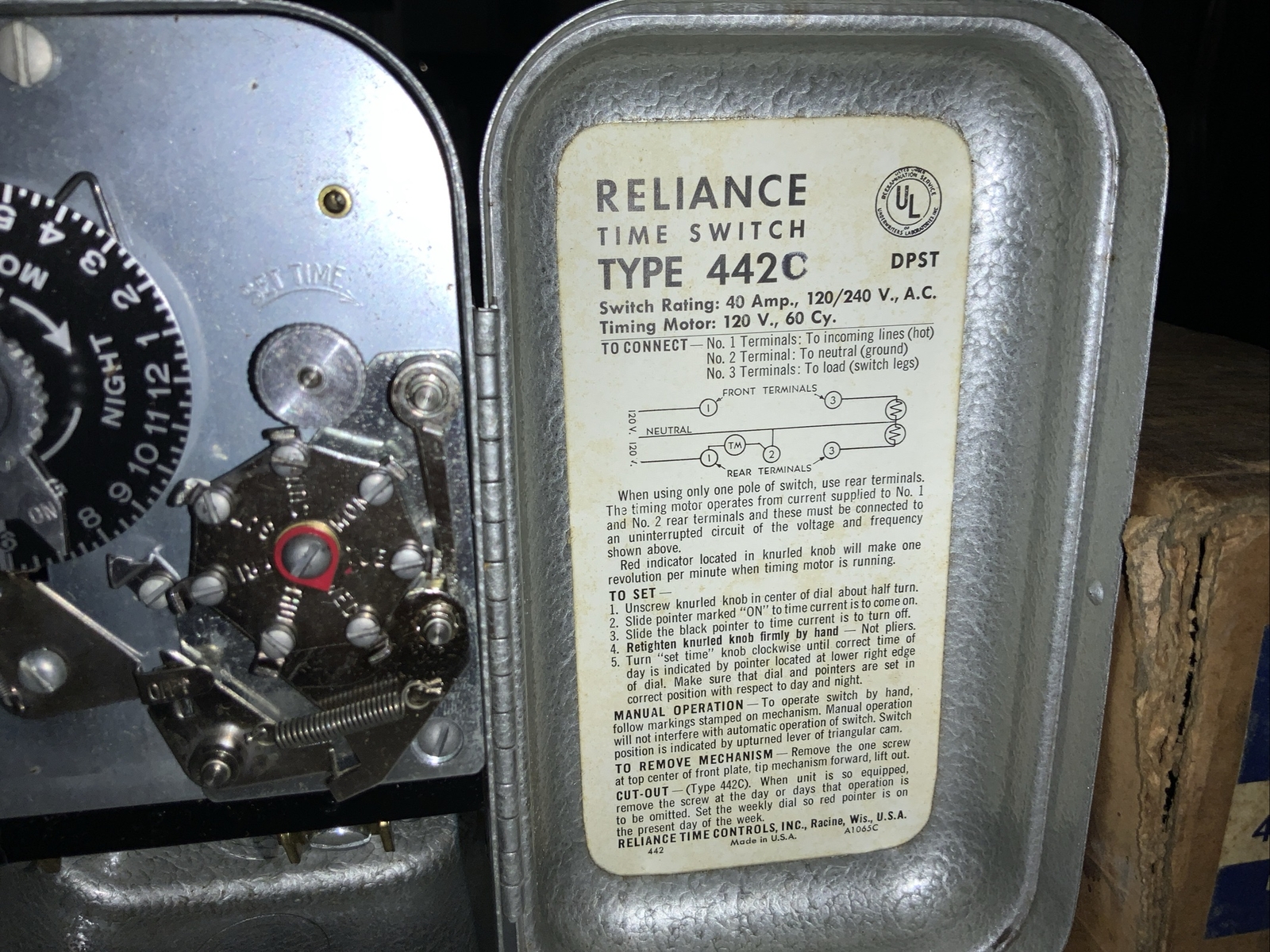 NOS Vintage: Reliance Type 442C Time Switch #A1065C – 120/240 Volt, AC – 60 Cy.
