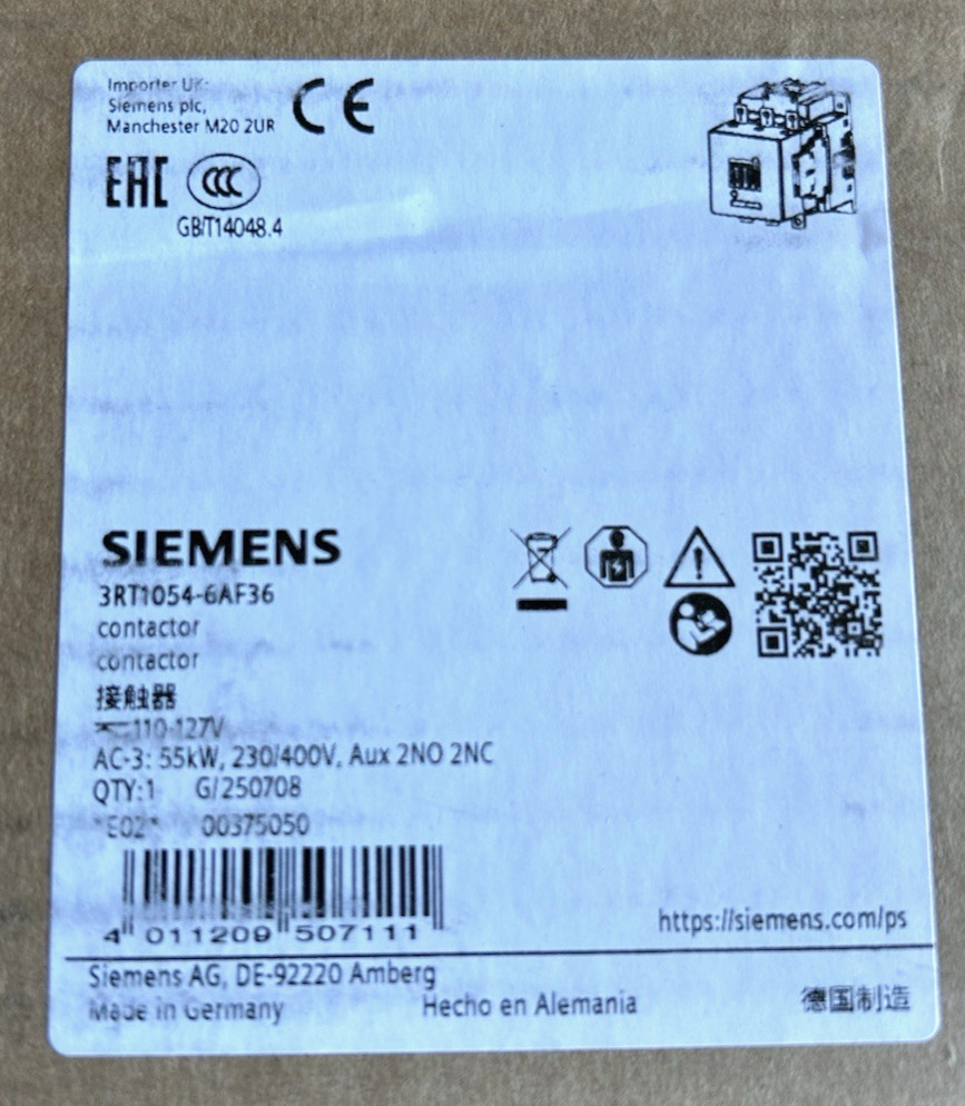 Siemens 3RT1054-6AF36 Power Contactor, 115A, 100HP, 110-127V Coil