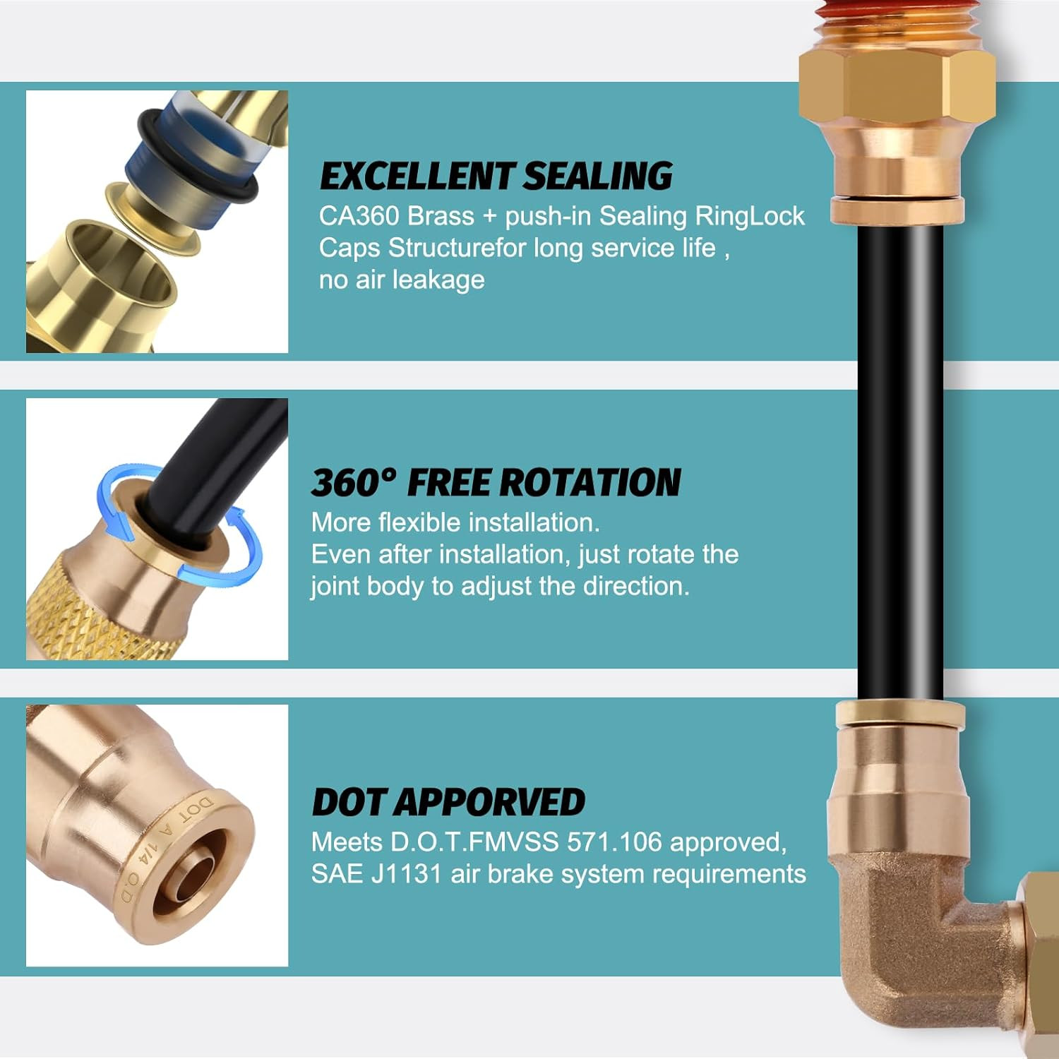 50FT 1/4 Air Hose Brass Fittings Kit 11Pcs 1/4″ OD Quick Push to Connect DOT Bra