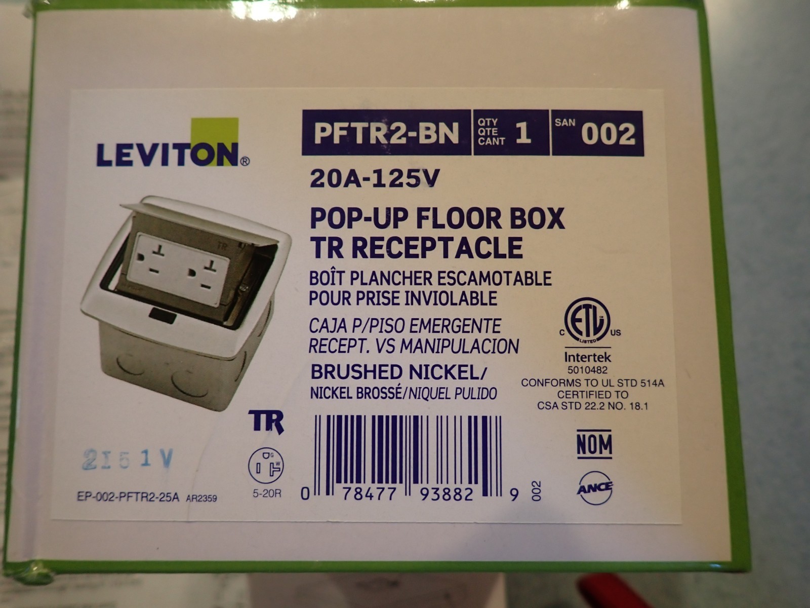 Leviton PFTR2-BN Brushed Nickel Pop-Up Floor Box TR Receptacle 20A-125V. NEW