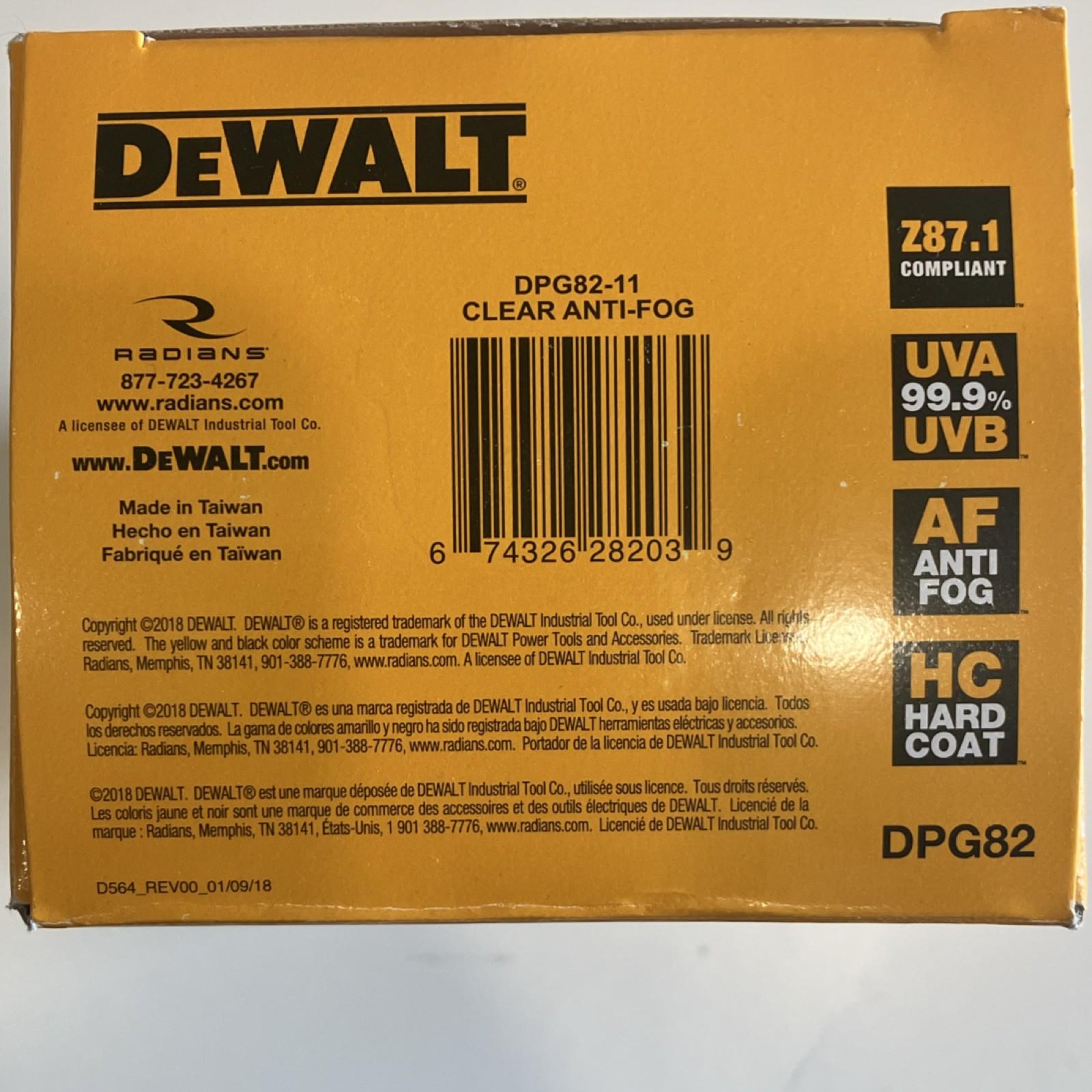 DEWALT Concealer Dual Mold Goggles DPG82-11 Clear Anti-Fog Lens Universal