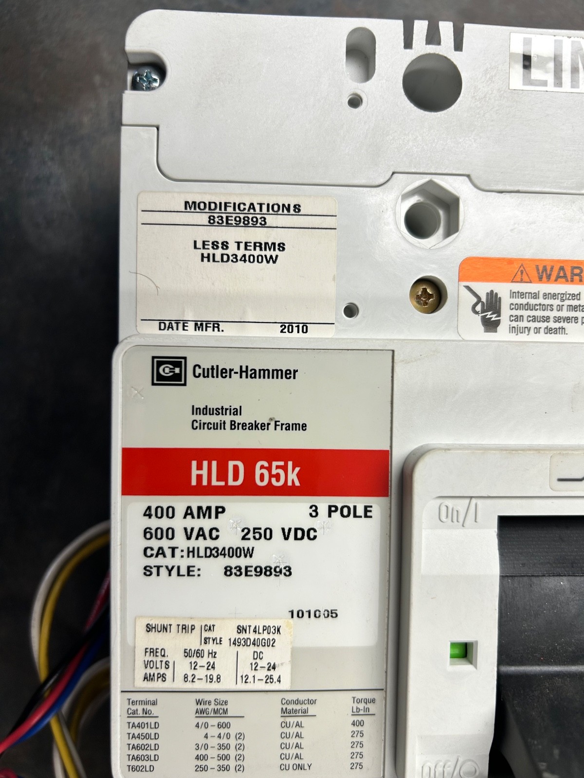 NEW CUTLER HAMMER 400A BREAKER HLD3400W TRIP LT3400T CUTLER-HAMMER SHUNT