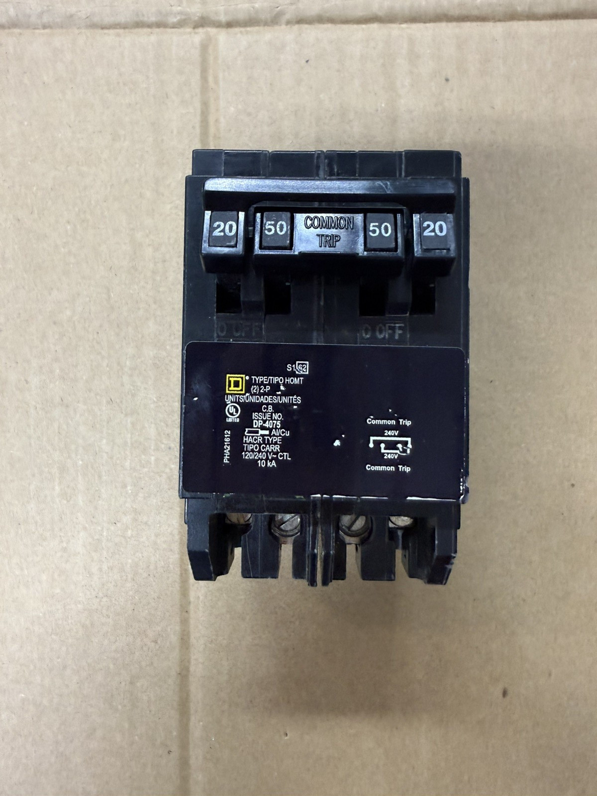 Square D Tandem Common Trip Circuit Breaker QO 50/20 Amp. 2 Pole 120/240 VAC