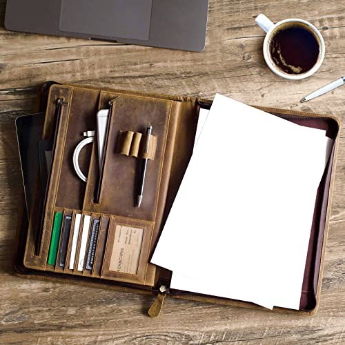 Leather Portfolio Organizer with Zipper 10×13 Inches Padfolio Business Notebook