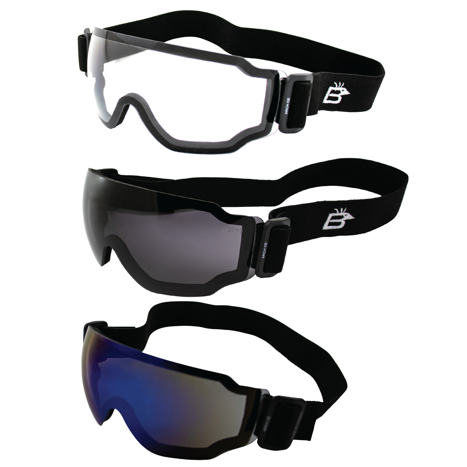 Birdz Eyewear Arch Sky Diving Goggles 3 Pair Clear Smoke and Blue Mirror Lenses