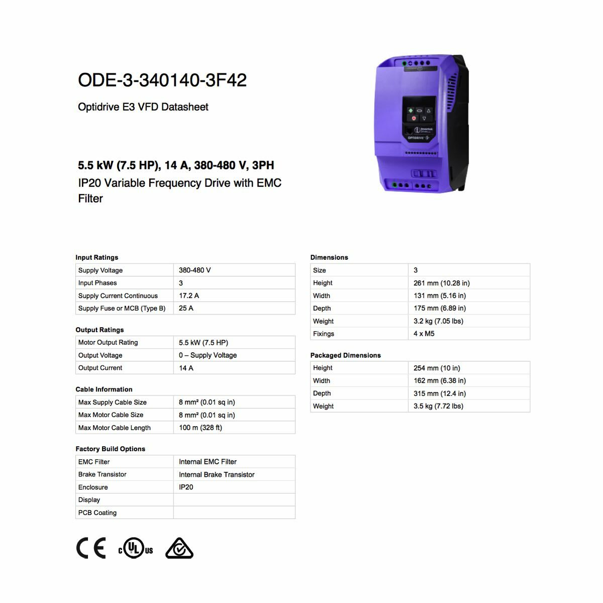 ODE-3-340140-3F42 – Invertek VFD – 7.5HP 14A 380V-480V 3Ph/3Ph – VFDexchange