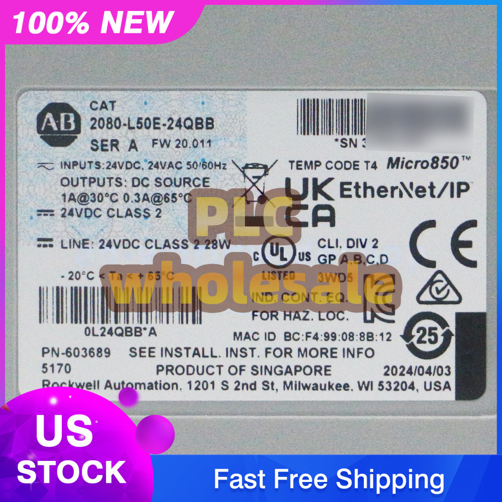 100% New Allen-Bradley 2080-L50E-24QBB Micro850 24 I/O EtherNet/IP Controller