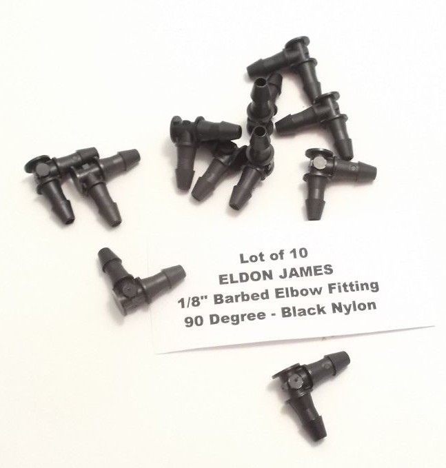 Lot of 10 ELDON JAMES 1/8″ Barbed Elbow Fittings – 90 Degree – Black Nylon –