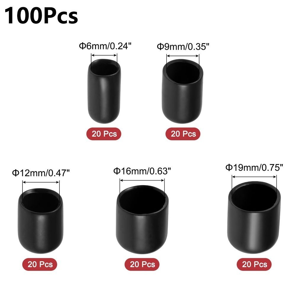 100pc Round Rubber End Cap Vinyl Cover Screws Bolts Tubes 6mm 9mm 12mm 16mm 19mm