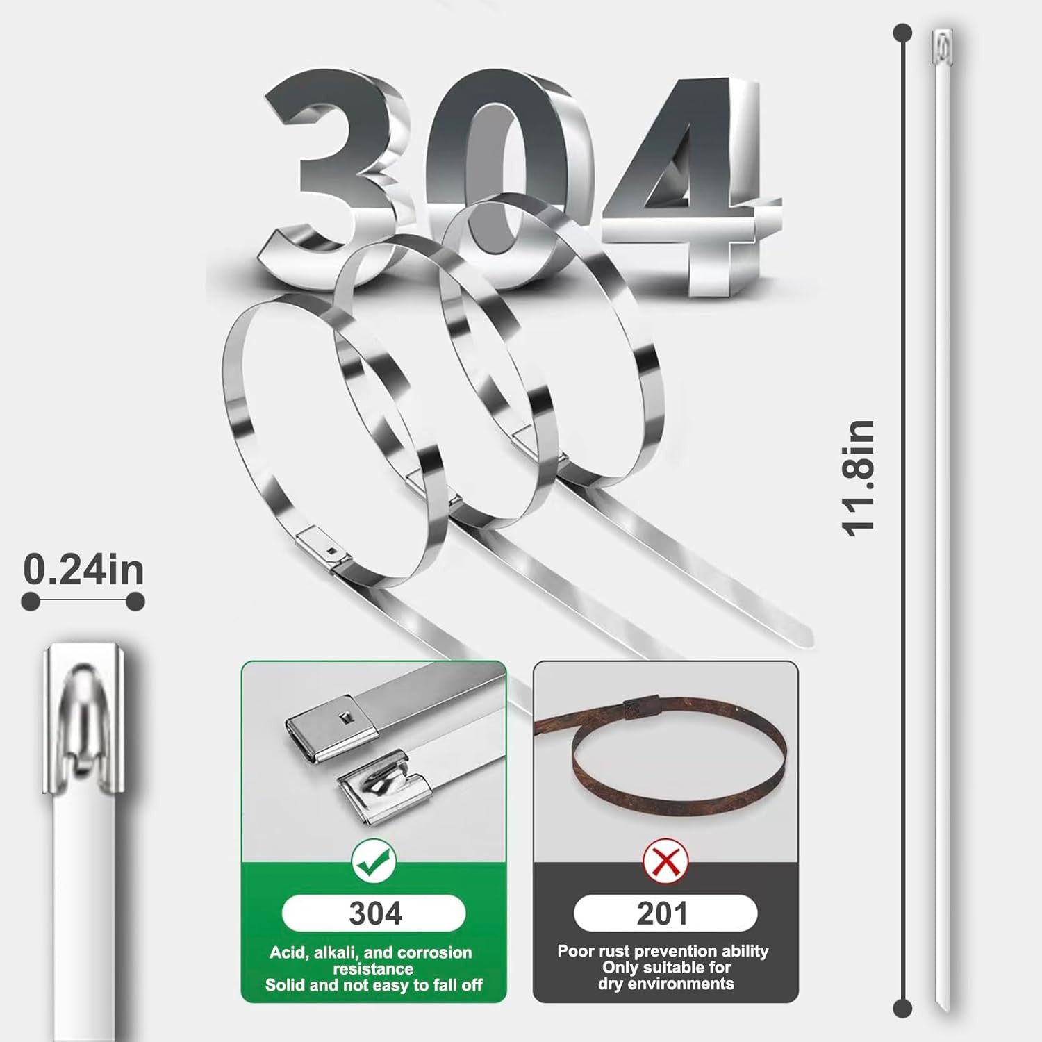 100-Pack Metal Zip Ties 11.8 Inch, Heavy Duty 304 Stainless Steel Self-Lockin…