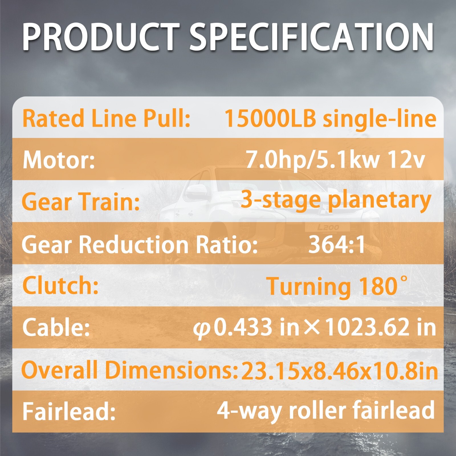 15000 lbs 12V Electric Vehicle Winch, IP66 Waterproof Wire steel Rope