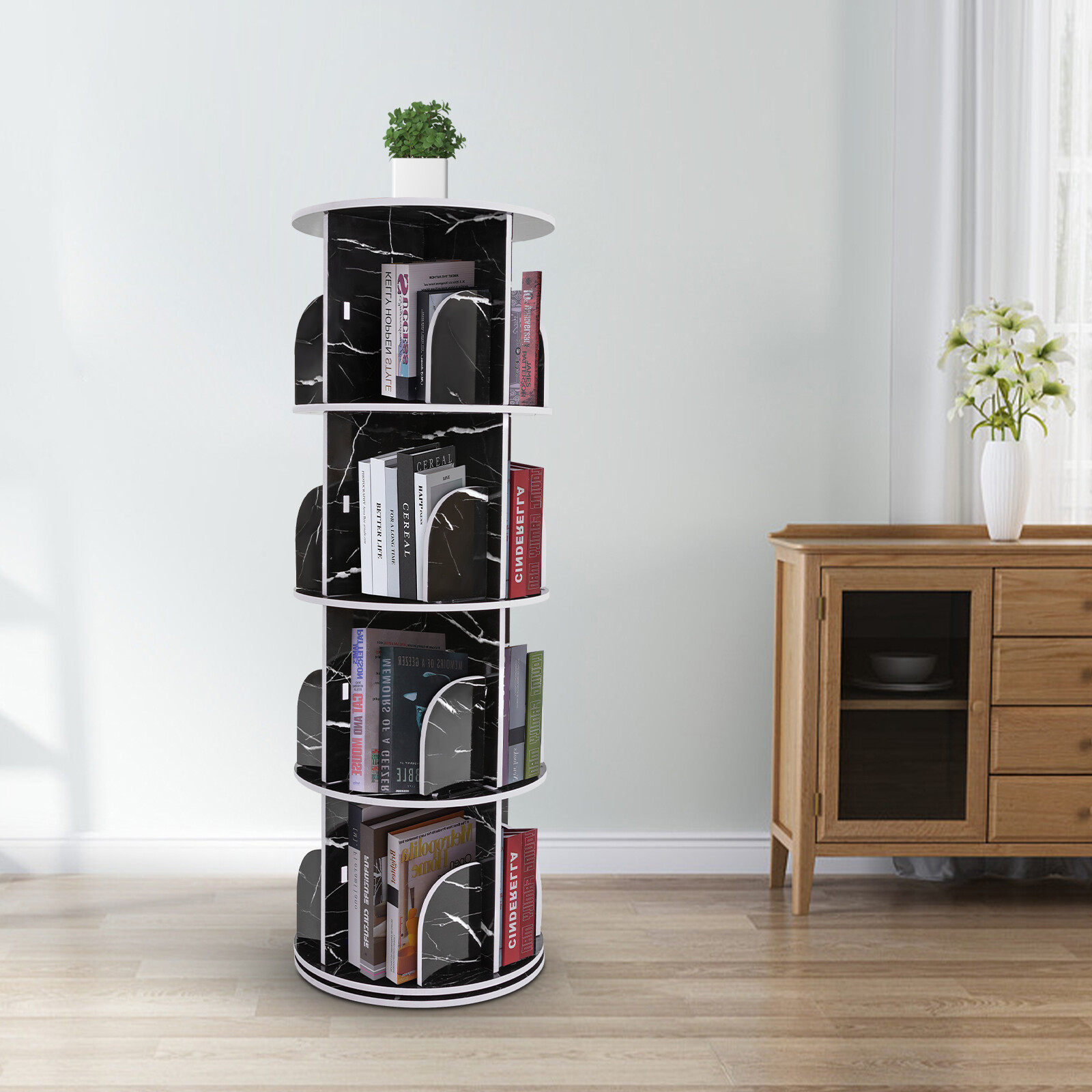 Rotating Display Bookshelf – Black Marble Revolving Storage Rack 4 Tier