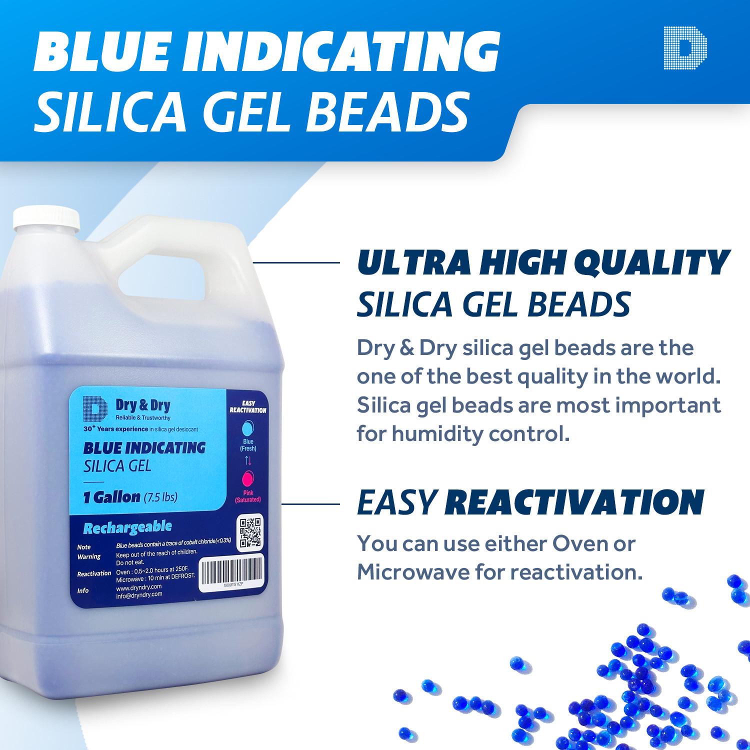 4 Gallon(30 LBS) «Dry & Dry» Premium Blue Indicating Silica Gel Desiccant Beads