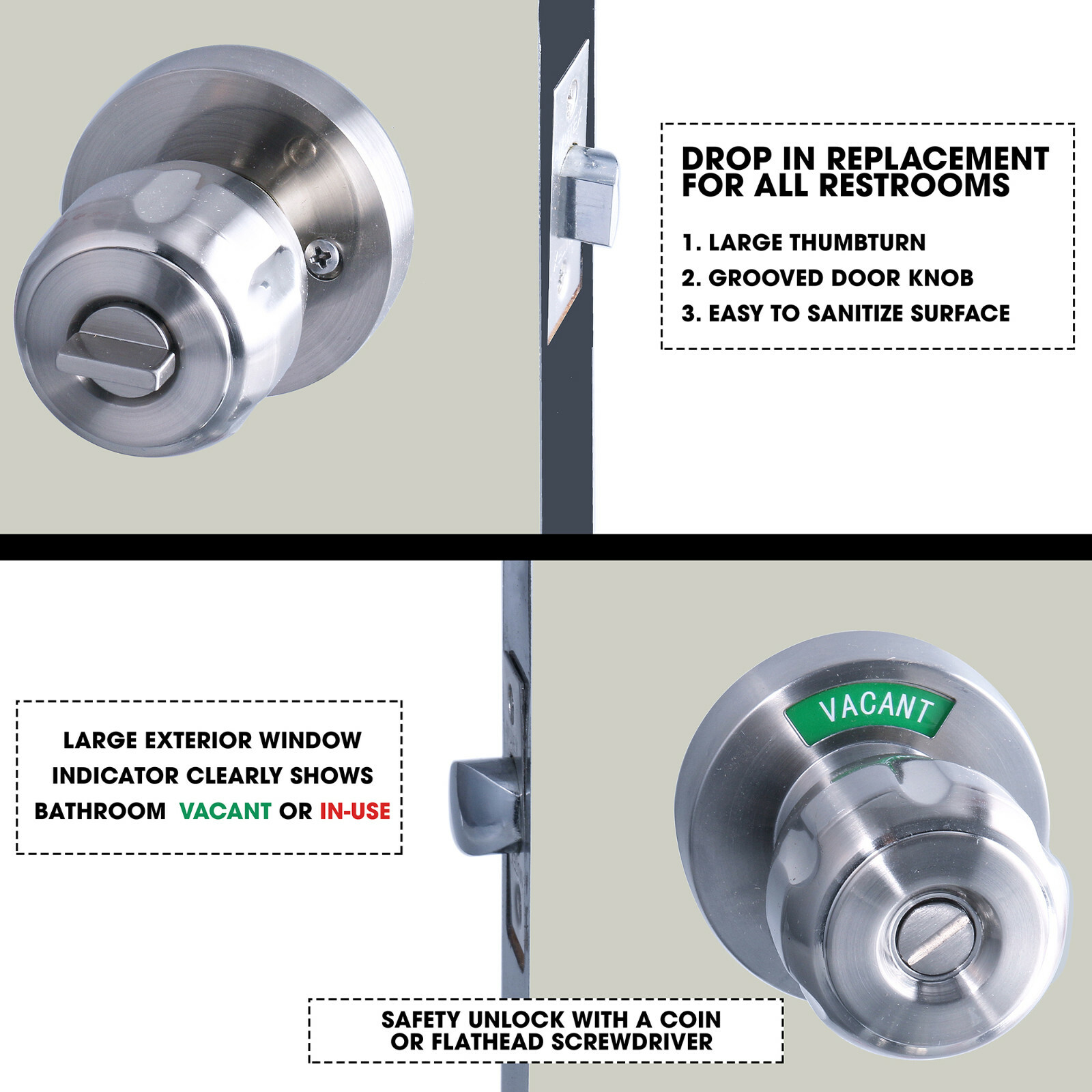 MUTEX BLS2 Bathroom Indicator Privacy Door Knob In-Use Occupied or Vacant Nickel