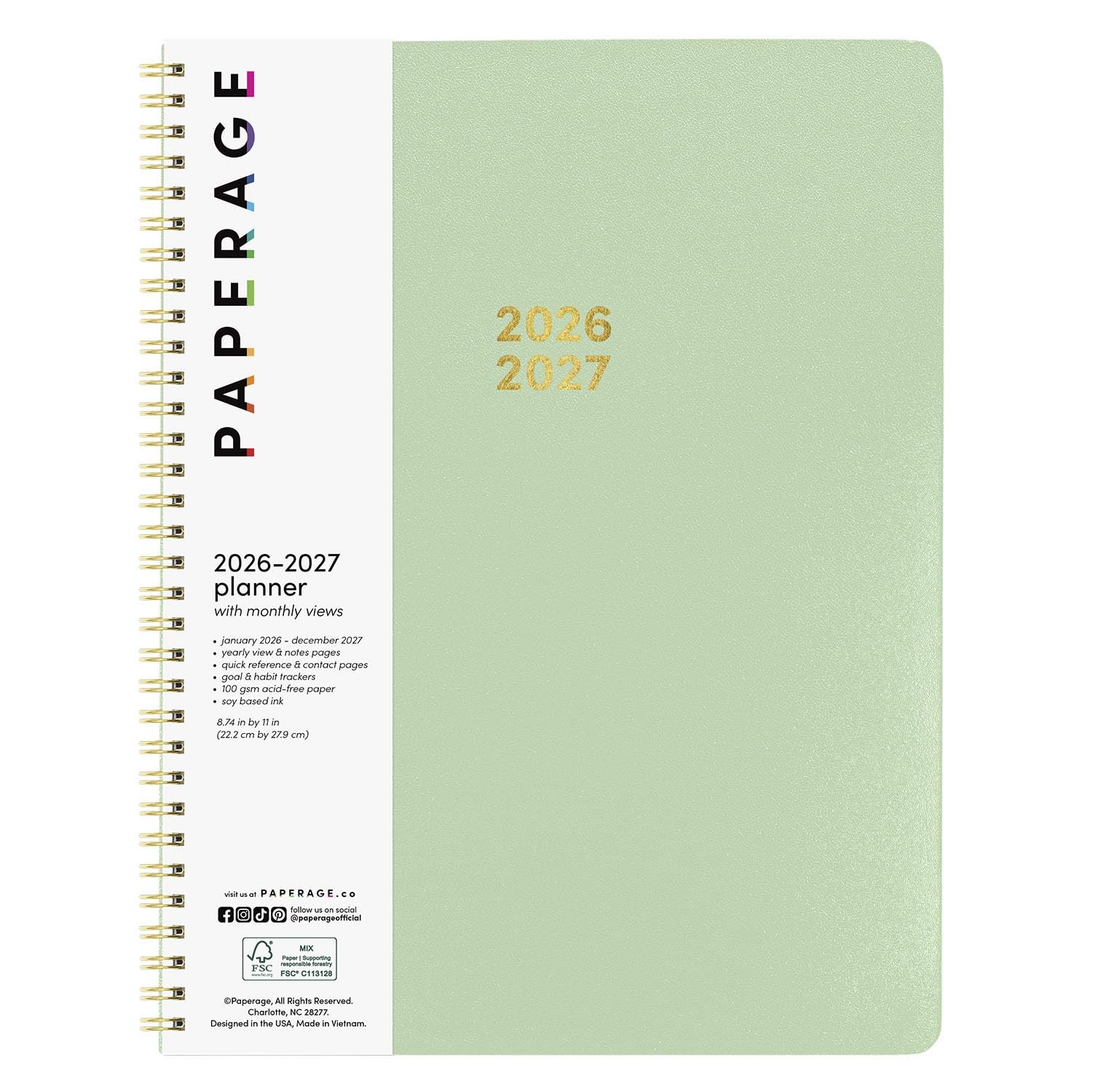 PAPERAGE 2 Year Monthly & Yearly Planner, 8.63 inches x 11 inches, Sage Green