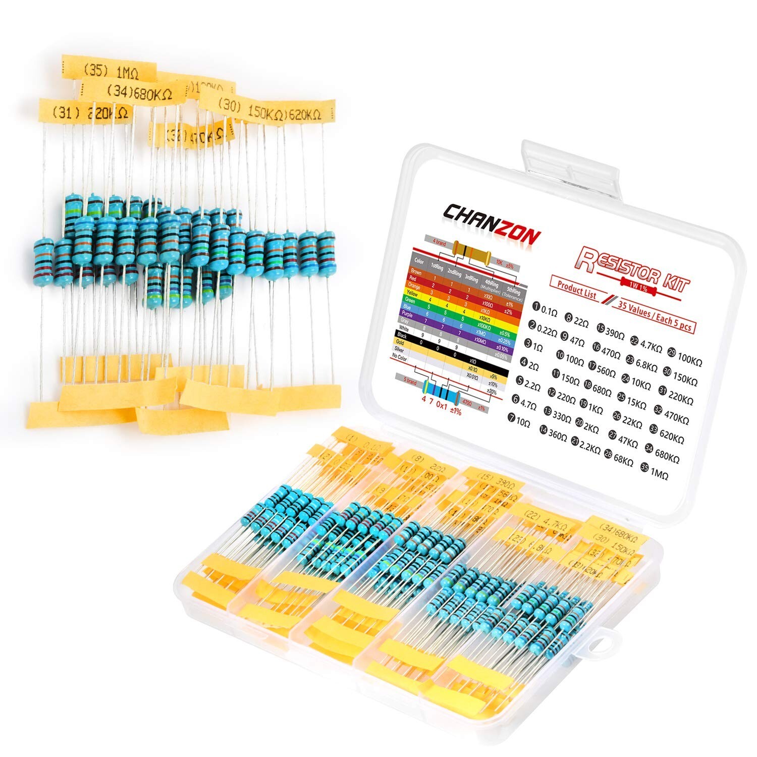 35Valores 175 Piezas 1-10M Ohmios 1 / 2W Kit Surtido De Resistencias
