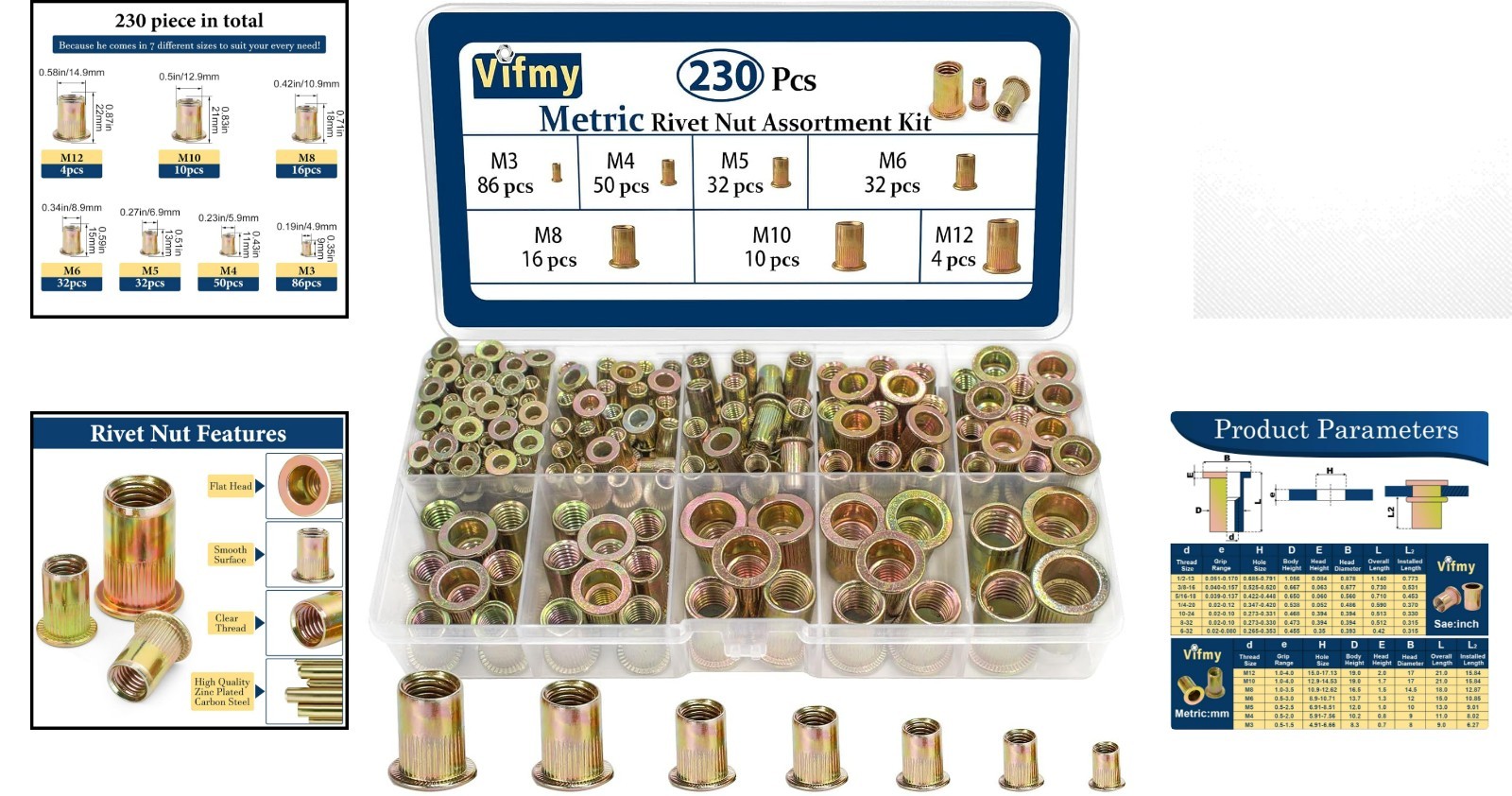 High-Strength 7-Sizes Metric Rivnut Set – Flat Head & Zinc Finished, 230 Pcs