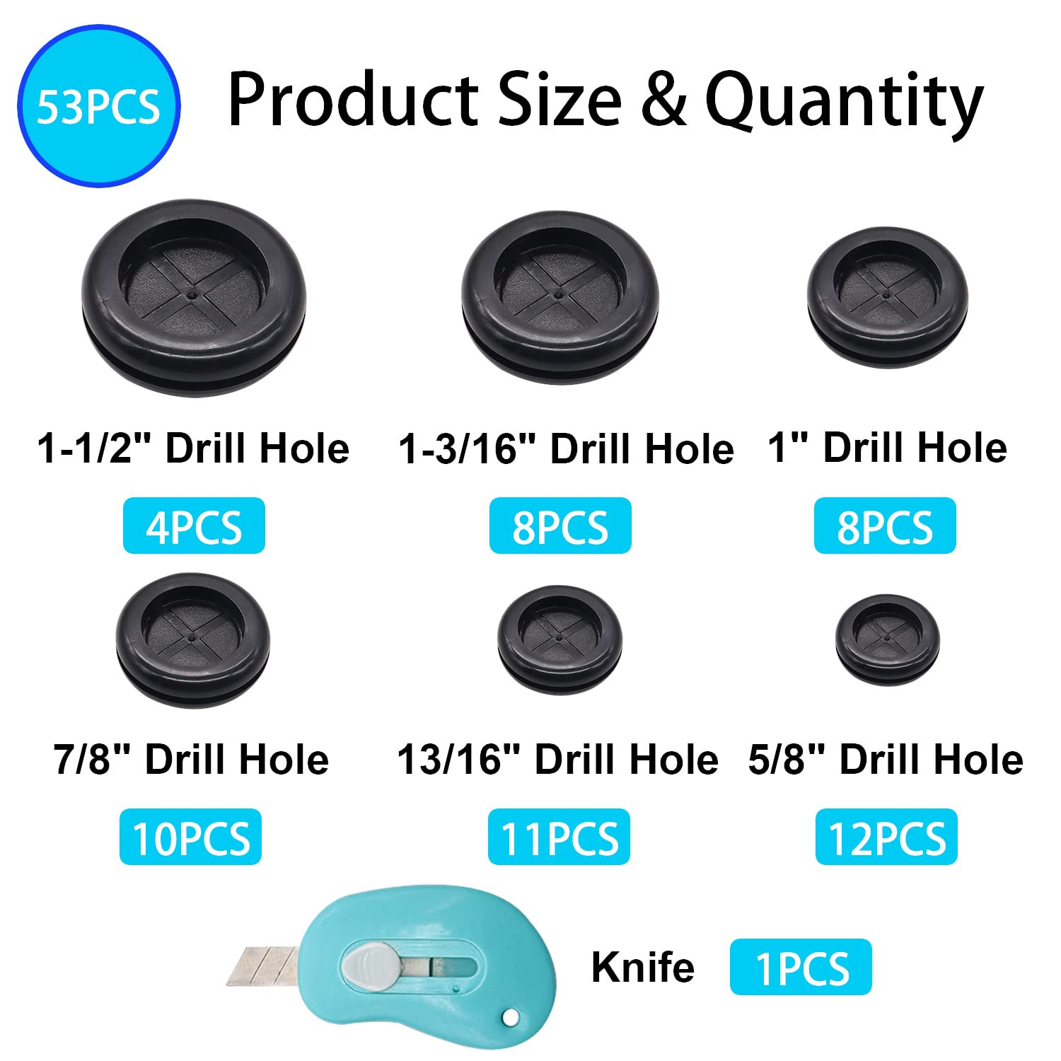 53PCS Rubber Grommets for Wiring, Rubber Grommet Kit in 6 Assorted Drill Hole Si