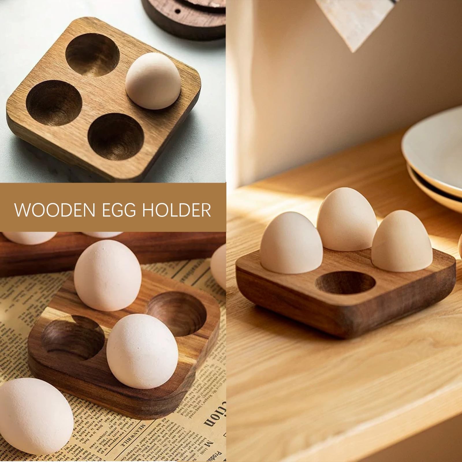4 Slots Wooden Egg Tray, Holder for Kitchen Refrigerator Countertop brown