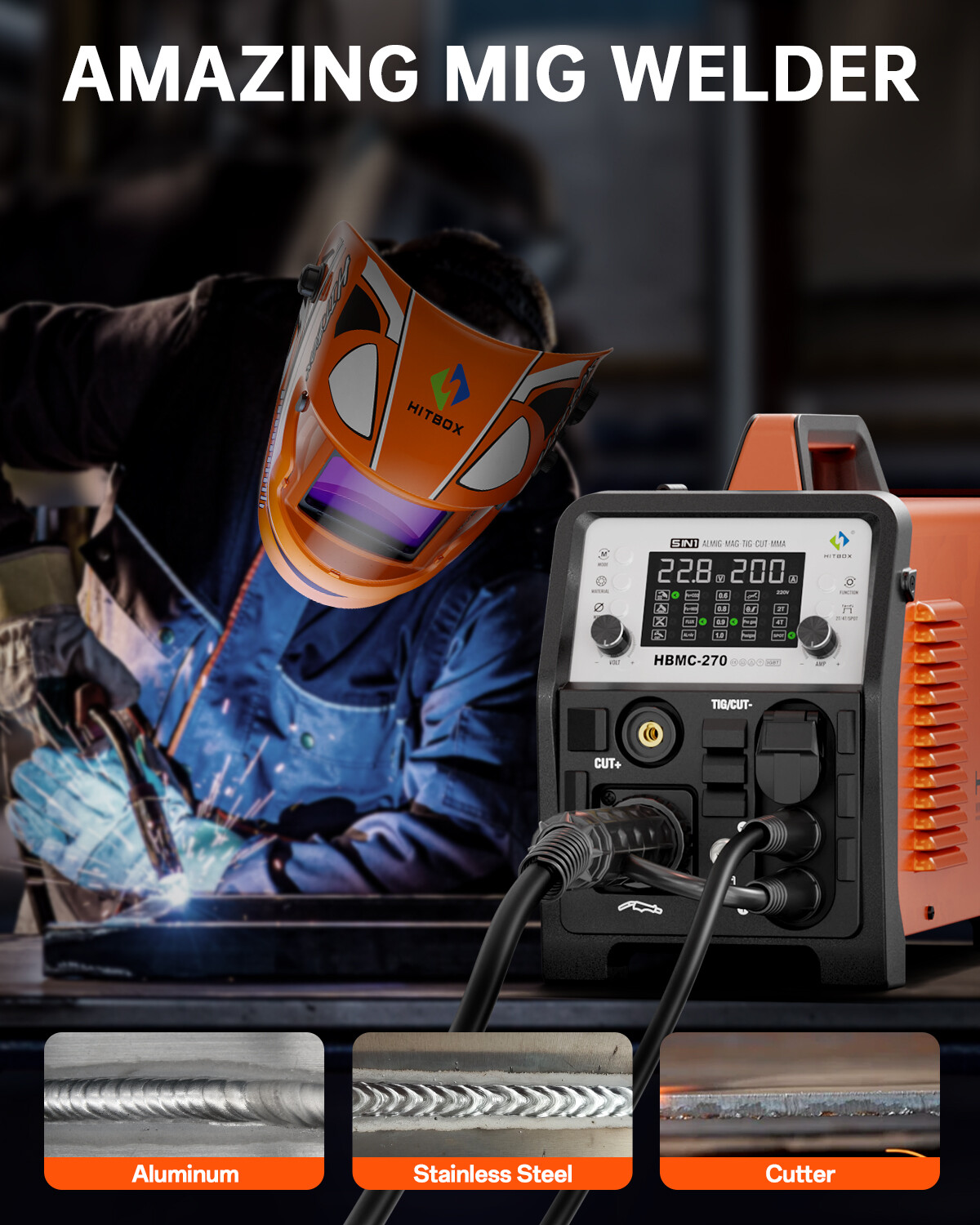 6in1 Plasma Cutter 200A Spot Gas Gasless-MIG MMA HF-TIG Welding Machine for ALU