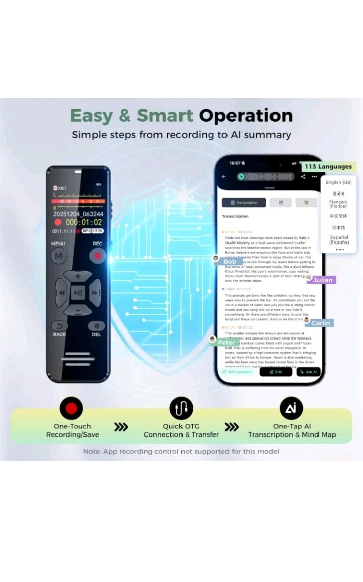 AI Digital Voice Recorder 128GB: AI Transcribe & Summarize Note Taker, Voice Act
