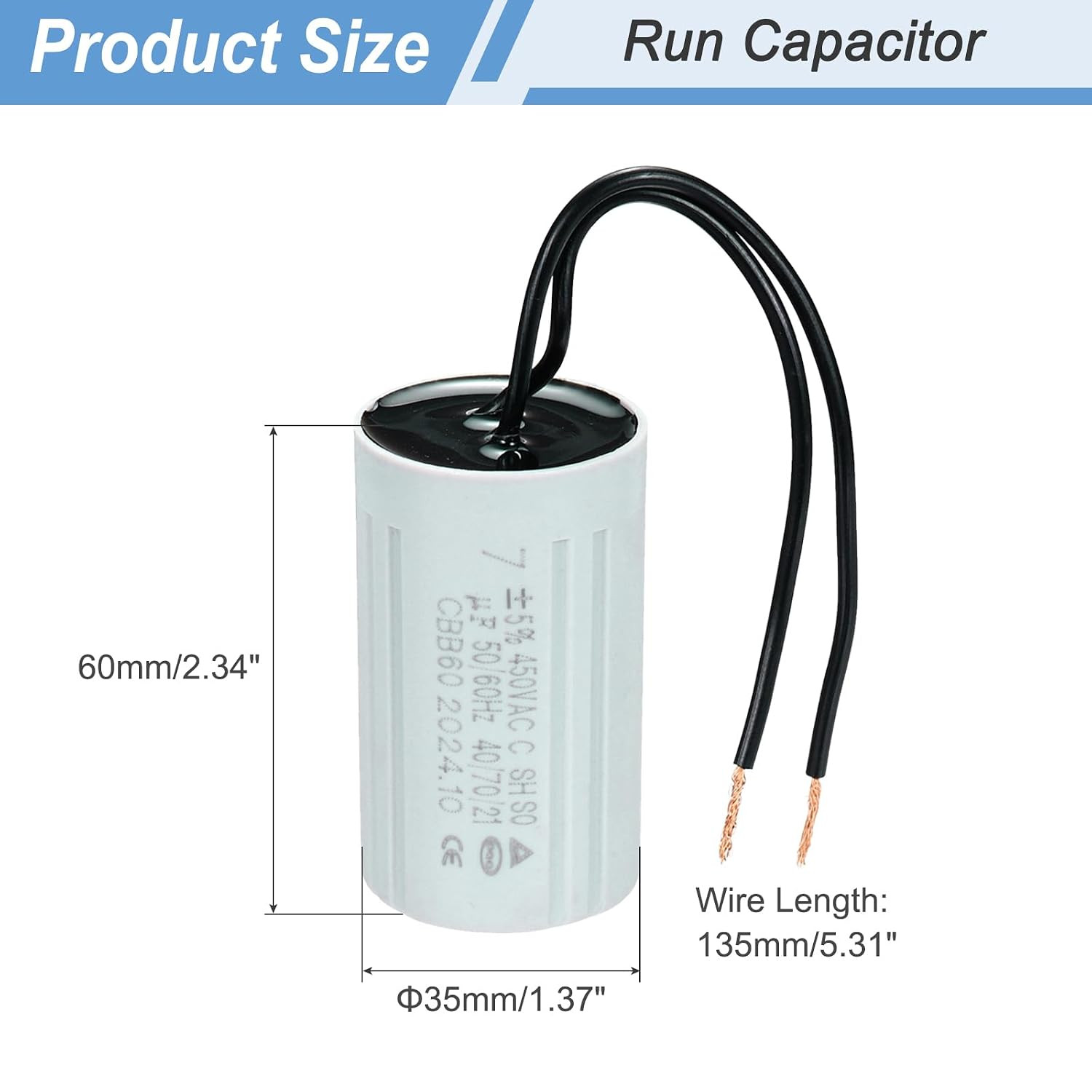 CBB60 7Uf Running Capacitors, AC 450V 2 Wires 50/60Hz Cylinder 60X35Mm
