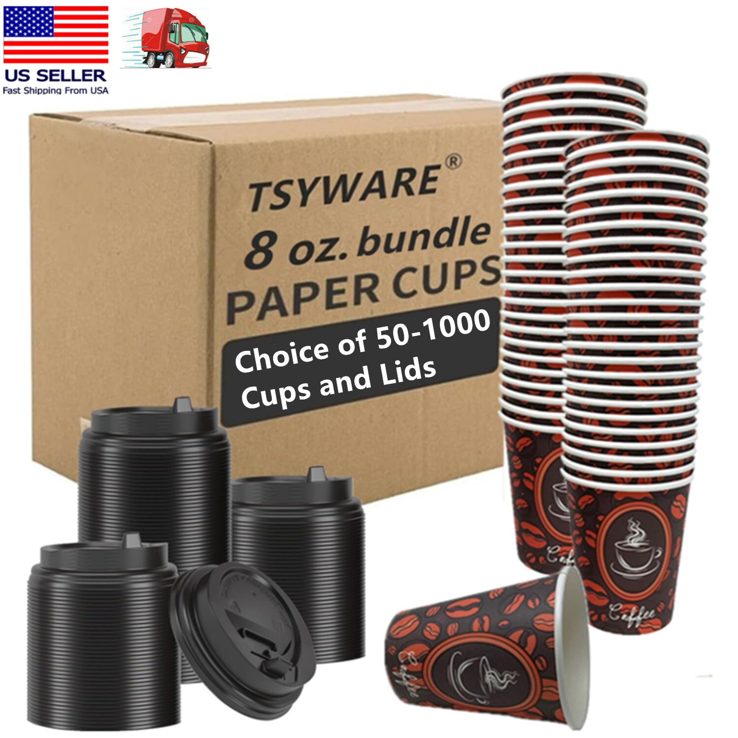 8oz Disposable Paper Cups w/ Lid Coffee Bean Design Cold/Hot Drinks 50-1000 Pack