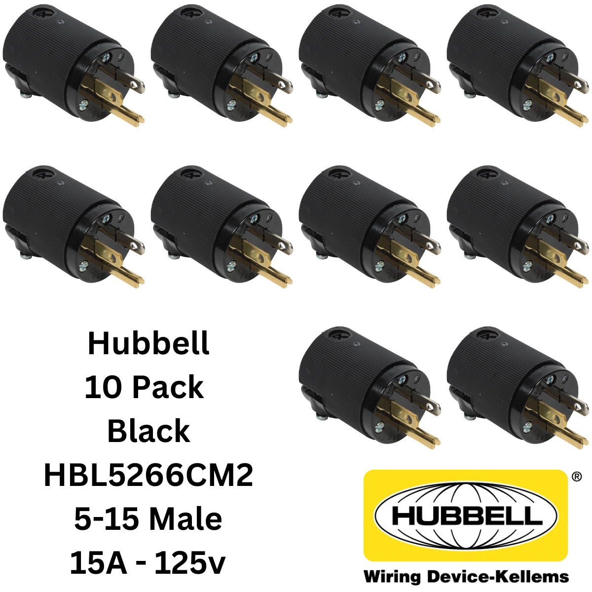 LOT 10x Hubbell HBL5266CM2 AC Male Edison NEMA 5-15P Plug 15A 125V Connector BLK