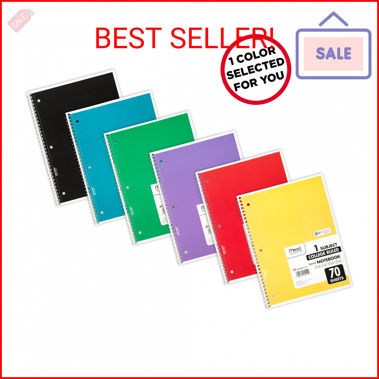 Mead Spiral Notebook, 1 Subject, College Ruled Paper, 70 Sheets, 10-1/2″ x 7-1/2