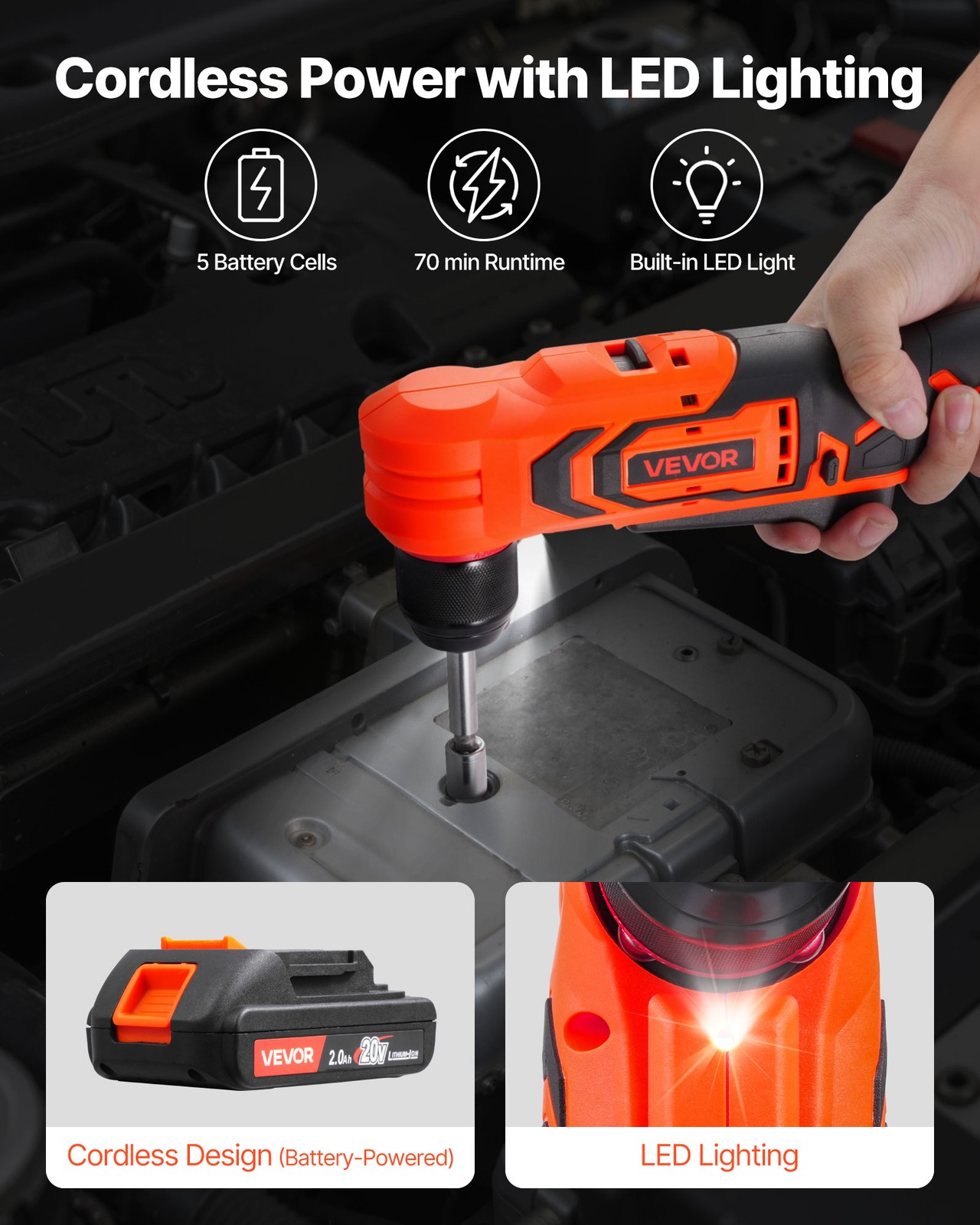 VEVOR Right Angle Drill 3/8 Inch Chuck 90 Degree Cordless Right Angle Drill