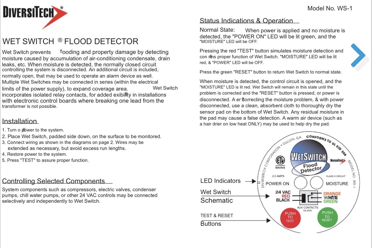 DiversiTech WS-1 Wet Switch Flood Detector