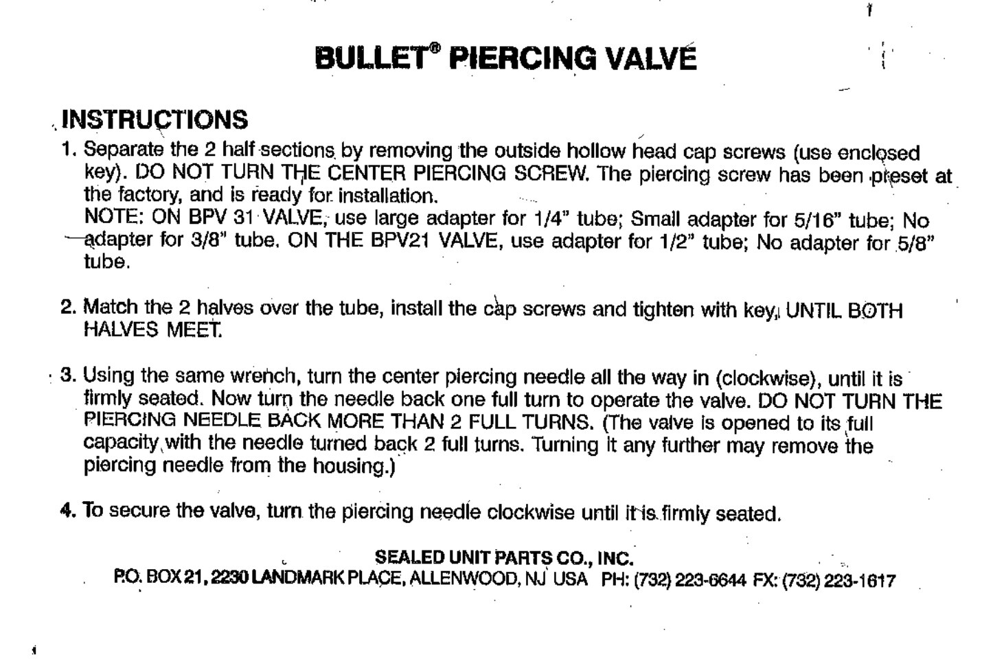Genuine Supco Bullet Piercing Valve BPV31 for 1/4, 5/16, 3/8 Tubing