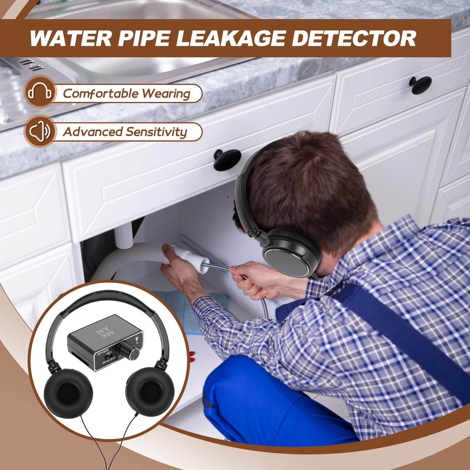 Underground Water Leak Detector Kit with 2 Probes, 70db Sound Amplification, Pip