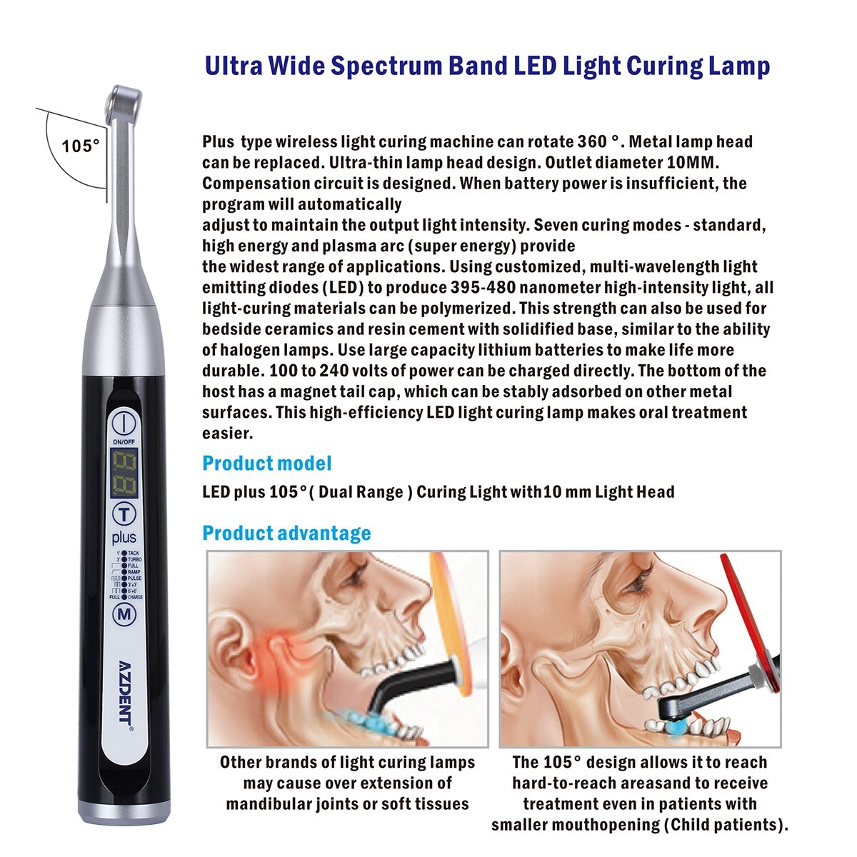 AZDENT Dental Wireless LED 1 Second Curing Light Resin Lamp Curing High Power