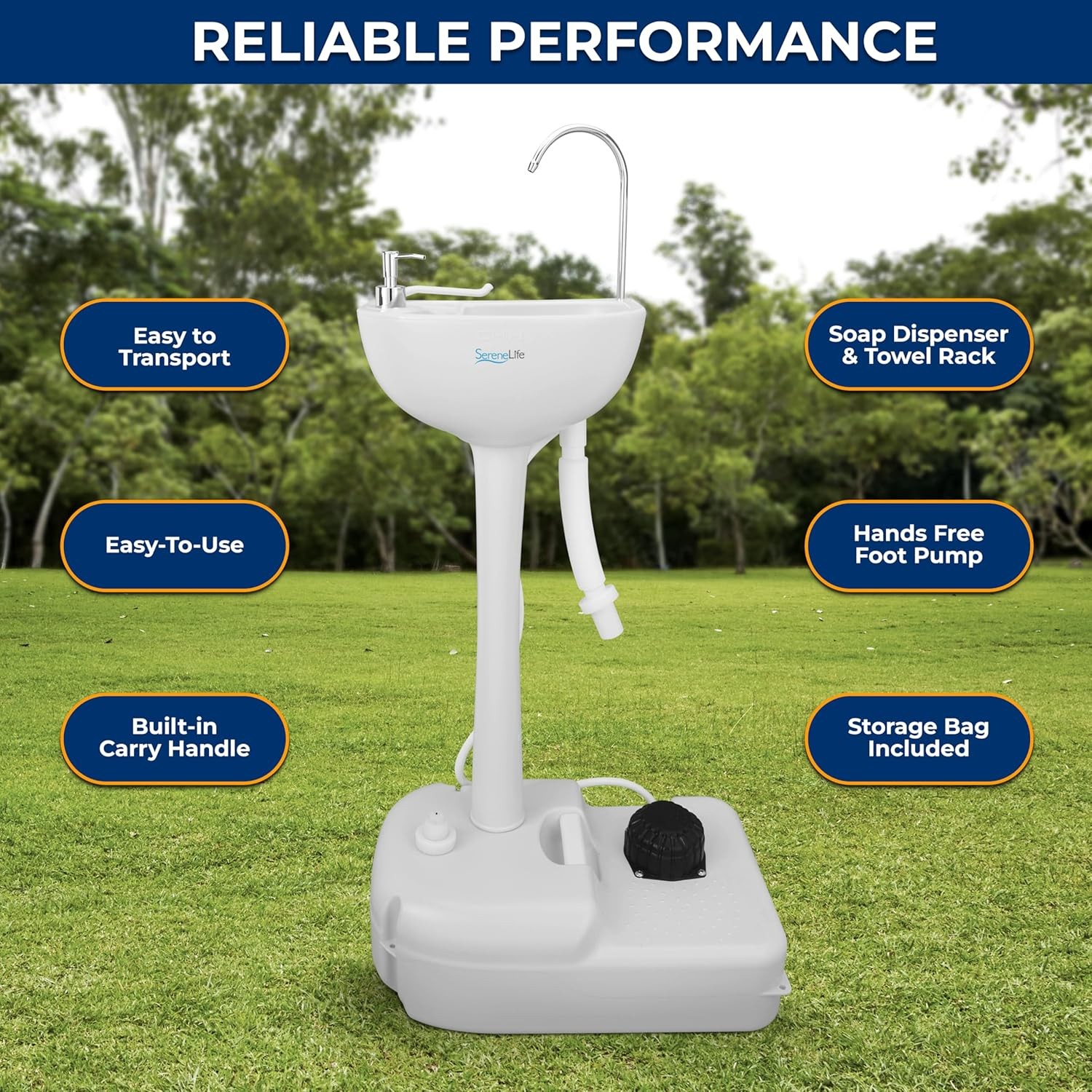 SereneLife Portable Camping Sink with 19L (5+ Gallon) Water Tank, 19L, White