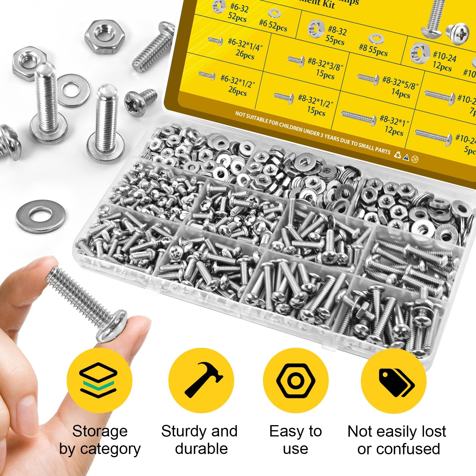 358PCS Machine Screws and Nuts Assortment Kit, #6-32#8-32#10-24 Phillips Pan