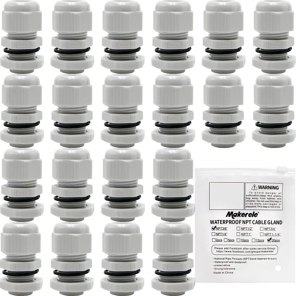 MAKERELE Wire Strain Relief NPT 3/8”Nylon Cord Grips 3/8″ 20pcs BAG, Grey