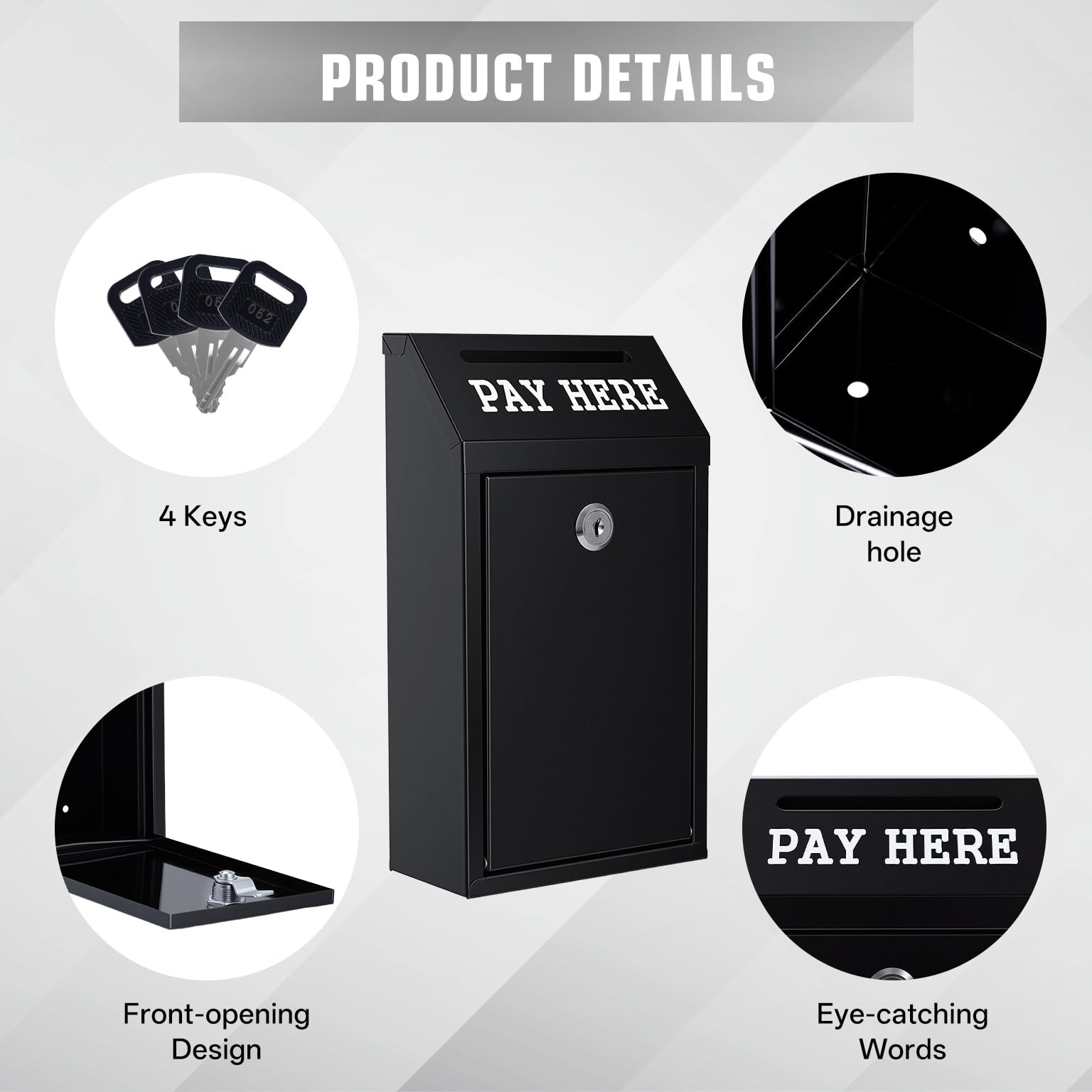 Locking Cash Box with Slot, Metal Money Donation Box with Lock and 4 Keys Wall M